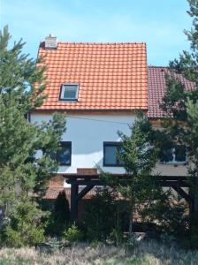 a house with a red roof and some trees at Vinný sklípek u Dědy in Hrušky