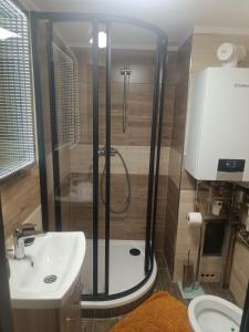 a bathroom with a shower and a sink at Vinný sklípek u Dědy in Hrušky +24 photos