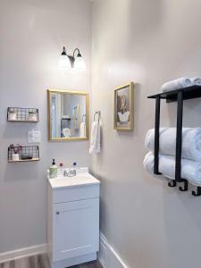 a bathroom with a sink and a mirror and towels at Cozy nest private porch museums free parking in Richmond