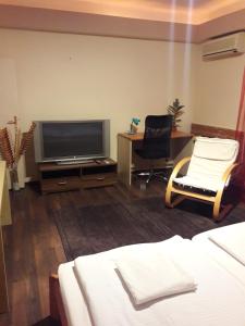 ein Wohnzimmer mit einem TV und 2 Stühlen in der Unterkunft Home Apartman in Debrecen