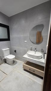 ein Badezimmer mit Waschbecken, Toilette und Spiegel in der Unterkunft Evrest in New cairo
