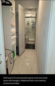 a bathroom with a walk in shower and a toilet at Downtown and Inner Harbor Apartment in Baltimore