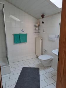 a bathroom with a toilet and a green towel at Ferienwohnung Lanzinger inkl. Chiemgaukarte in Ruhpolding