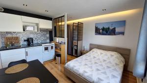 a kitchen and a bedroom with a bed and a table at Studio in Chambéry