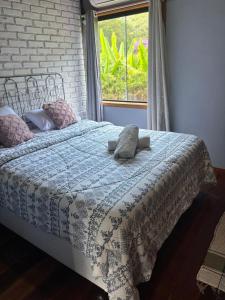 a bed with a blue and white blanket and a window at Casa Reserva da Gávea Visconde de Mauá in Visconde De Maua