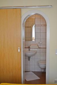 a bathroom with a sink and a toilet at Gasthaus Metzgerei Pension Maßem in Schillingen