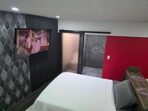 ein Schlafzimmer mit einem weißen Bett und einer roten Wand in der Unterkunft Cataleya red in La Coyotera