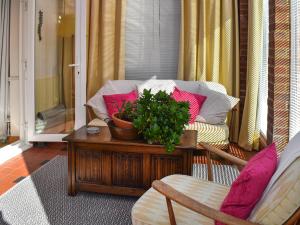 a living room with a couch and a potted plant on a table at Why Not in Canterbury