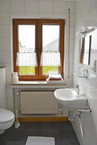 a bathroom with a sink and a toilet and a window at Gasthaus Metzgerei Pension Maßem in Schillingen