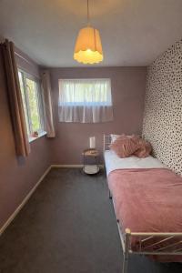 a bedroom with two beds and a window and a lamp at Cosy Home Contractors, Relocations, Coffee Machine in Beoley +4 photos