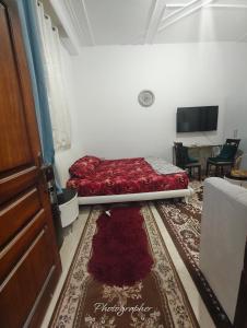 a bedroom with a bed with a red comforter at studio in Abu Dhabi