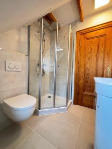 a bathroom with a toilet and a shower at Ferienwohnung-Weidenstieg-OG in Wenningstedt +19 photos