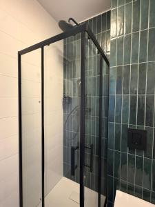 a glass shower in a bathroom with green tiles at Armonia Old Town in Poznań