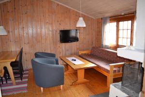 ein Wohnzimmer mit einem Sofa, einem Tisch und einem TV in der Unterkunft First Camp Enåbadet - Rättvik in Rättvik