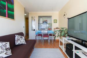 a living room with a couch and a large flat screen tv at Alta vista Concepción in Concepción