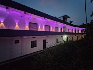 a building with purple lights on the side of it at Poozhikuth Homestay in Sultan Bathery