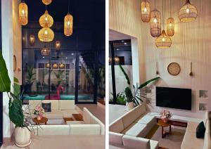two pictures of a living room with a couch and a tv at Surya Palm Villa in Tumbak Bayuh