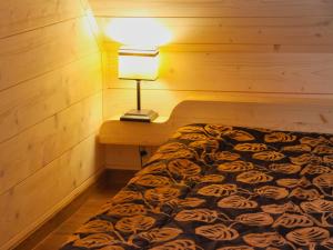 a bedroom with a bed with a lamp on it at Holiday homes with fireplaces, playground in Lubrza