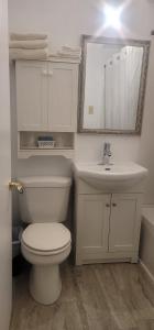 a bathroom with a toilet and a sink and a mirror at Neepawa Motel in Neepawa