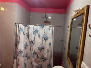 a bathroom with a shower with a white and blue shower curtain at Sincere Wilderness Home stay in Nuwara Eliya +67 photos