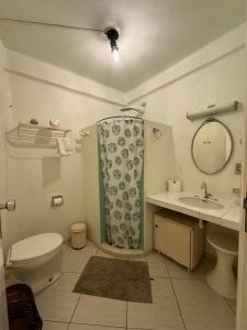 a bathroom with a toilet and a sink and a shower at Flats Cavalinho Branco 405 ou 603 in Águas de Lindoia +32 photos