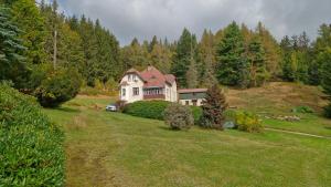 an aerial view of a house in the middle of a field at Apartmány Saxana in Smržovka