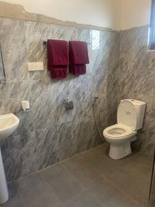 a bathroom with a toilet and a sink and purple towels at Sedna hotel in Mahawewa