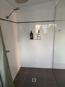 a bathroom with a shower with two bottles on shelves at Kangaroo Cottage in Hay +15 photos