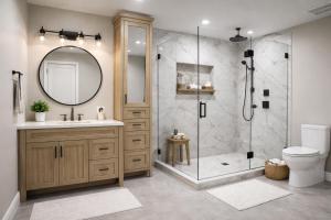 a bathroom with a shower and a sink and a mirror at Modern Corner apartment in downtown in Vancouver