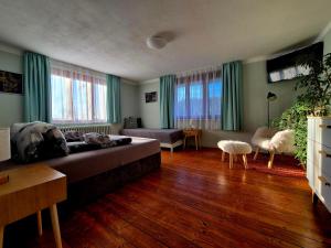 a living room with a couch and a living room with green curtains at Ubytovanie Klinger - chata nad jazerom in Banská Štiavnica