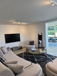 a living room with two couches and a flat screen tv at Exceptional house by Lake Geneva in Versoix