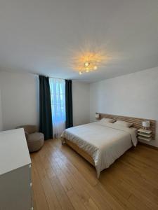 a bedroom with a bed and a chandelier at Exceptional house by Lake Geneva in Versoix