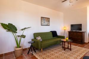 a living room with a green couch and a tv at Casa Mira in Cómpeta