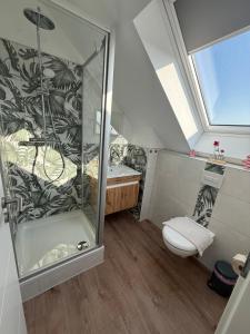 a bathroom with a shower and a toilet at Spreewälder Ferienpension in Lübben +56 photos