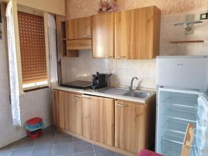 a small kitchen with wooden cabinets and a sink at Augusta Palm Apartment in Bibione