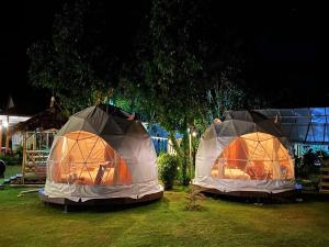 two tents sitting in the grass at night at Lion Cafe Resort in Ban Huai Sieo