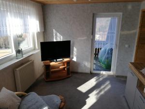 a living room with a flat screen tv and a window at Ferienhaus Lisa in Klingenthal
