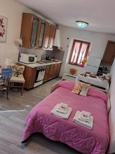 a bedroom with a large pink bed with towels on it at La Casetta di Mimmi in Castel Viscardo