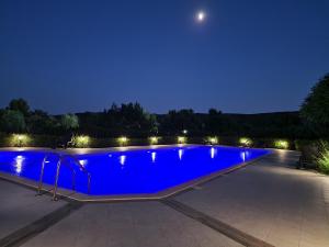 a blue swimming pool at night with lights at Sunny studio in Shartrez in Shkorpilovtsi