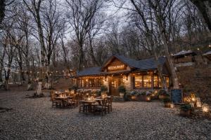 a restaurant in the woods with tables and lights at Colorato Quba in Qırmızı Qǝsǝbǝ