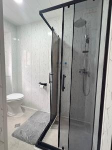 a bathroom with a shower and a toilet at Velonia Guest House in Sozopol +44 photos