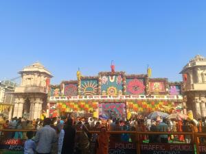 a group of people standing in front of a building at Maa janki paying guest house near Ram mandir in Ayodhya
