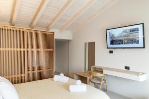 a room with two beds and a television on the wall at NOBILIS CORFU Hotel in Acharavi +19 photos