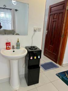 a bathroom with a sink and a toilet and a mirror at Leona Homes in Mombasa +5 photos