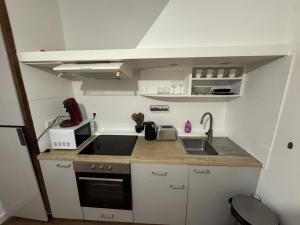 a small kitchen with a stove and a sink at T2 Hyper centre Senlis in Senlis +2 photos