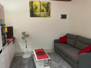 a living room with a couch and a fan at Perle de l'océan in Les Anses-dʼArlets