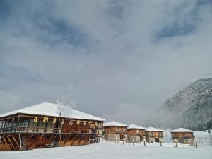 a ski lodge with snow on the roof at Panorama Gomarduli in Shuakhevi +3 photos