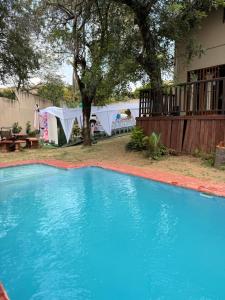 a large blue swimming pool in front of a house at VM Guesthouse in Hazyview