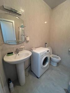 a bathroom with a washing machine and a sink at Hotel Tamo in Tsqaltubo
