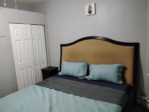 a bedroom with a bed with two blue pillows at Grove#8 in Irvington